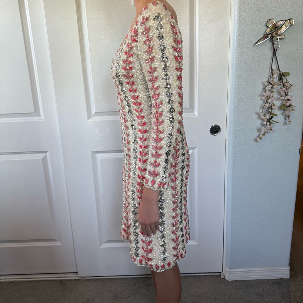 VINTAGE 50s 60s | Edith Morré | Palm Desert amazing ivory pink sequin dress M L - Picture 7 of 14